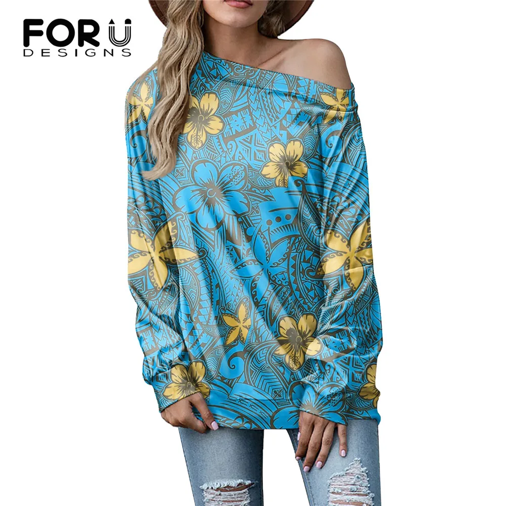 

FORUDESIGNS, гавайский, самоанский, полинезийский, племенной, коралловый, гибискус, узор, длинный рукав, свободные топы с открытыми плечами, футбо...