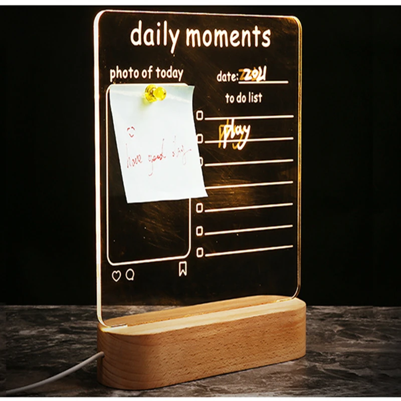 

USB Acrylic Note Board Diy Night Light Wipeable Daily Moments Memo Message Wood Stand Lamp Desktop Decoration School Stationery