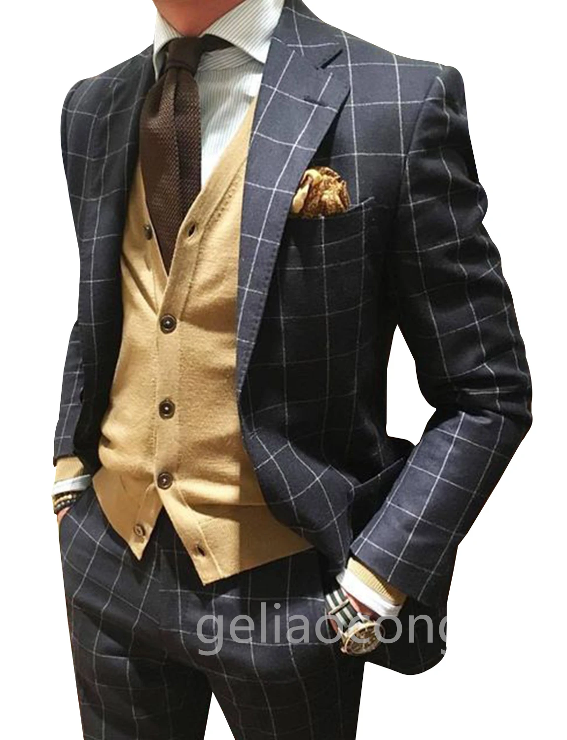 ( Jackets + Pants ) Custom Made Groom Wedding Dress Plaid Formal Slim Fit Suits Set Men Fashion Casual Business Suit Two-piece