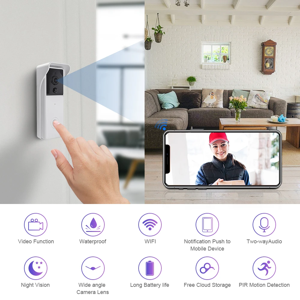 Дверной звонок с Wi-Fi и камерой HD 1080P видеодомофон для умного дома беспроводная
