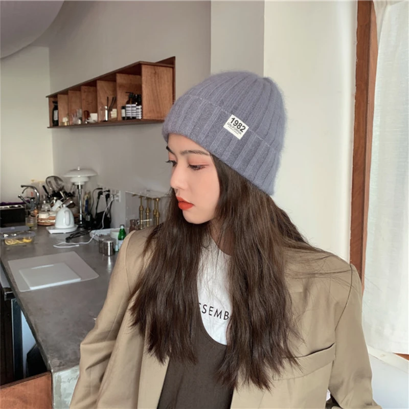 Модная однотонная вязаная шапка Шапка-бини из кроличьего меха для женщин зимняя