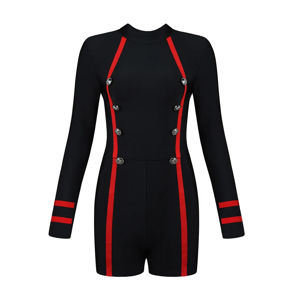 Женский бандажный комбинезон черный с длинным рукавом и пуговицами на лето