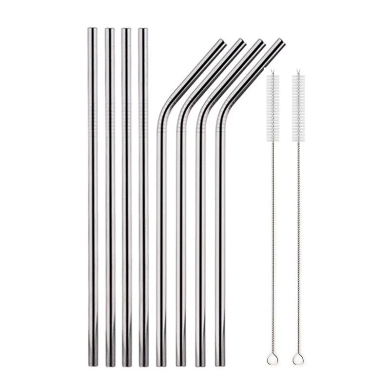

8 Metal Straws 2 Cleaner Brush Sets 304 Stainless Steel Drinking Straw Milk Drinkware Bar Party Accessory