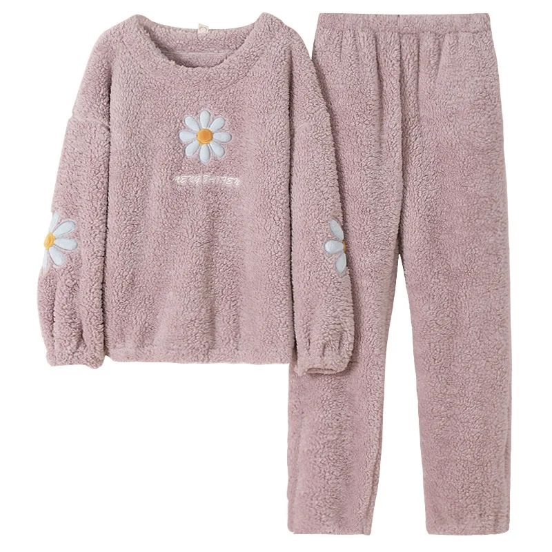 2021 New Women's Long Sleeve Thickened Flannel Pink Pajamas Girl's Oversize Loose Coral Velvet Housewear pajama sets