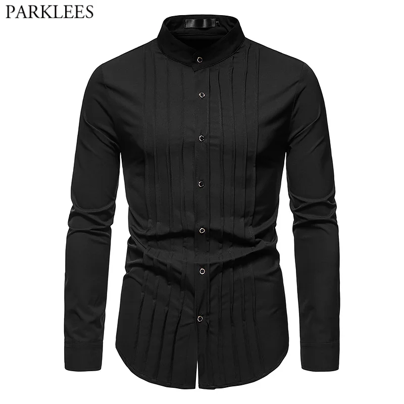 

Black Tuxedo Shirt Men Brand Banded Collar Pleated Mens Dress Shirts Wedding Groom Party Banquet Shirts for Men Chemise Homme