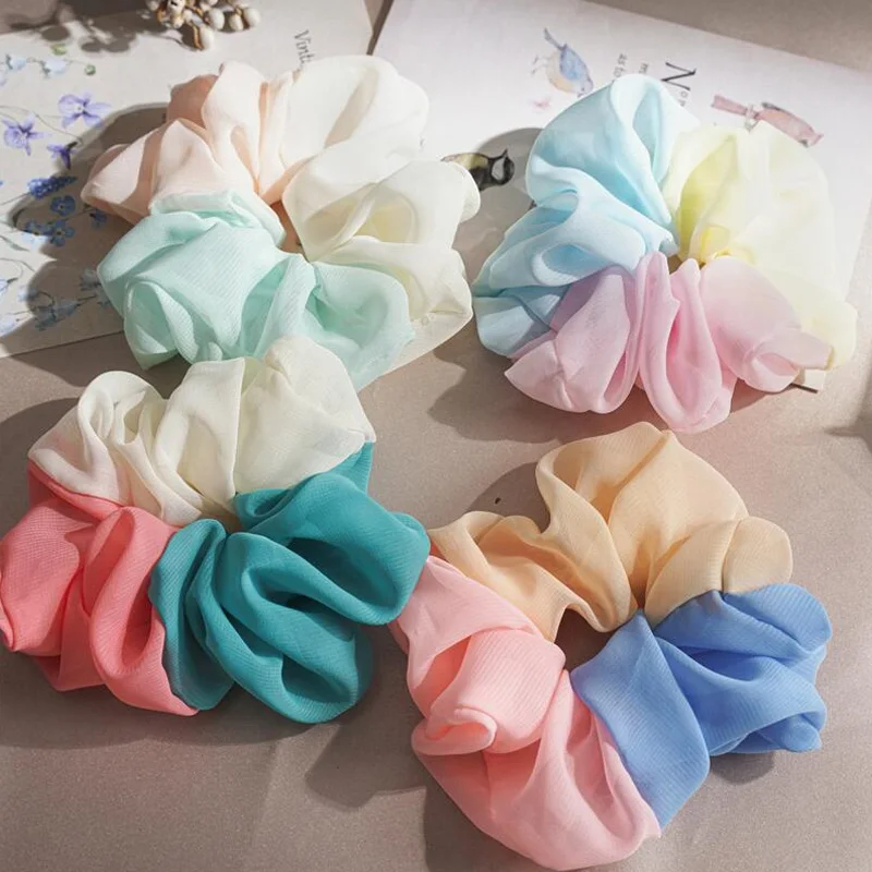 

1PCS 2021 Korea Autumn Winter Polyester Big Elastic Hair Bands Scrunchies Vintage Rainbow Color Headbands Hair Accessories