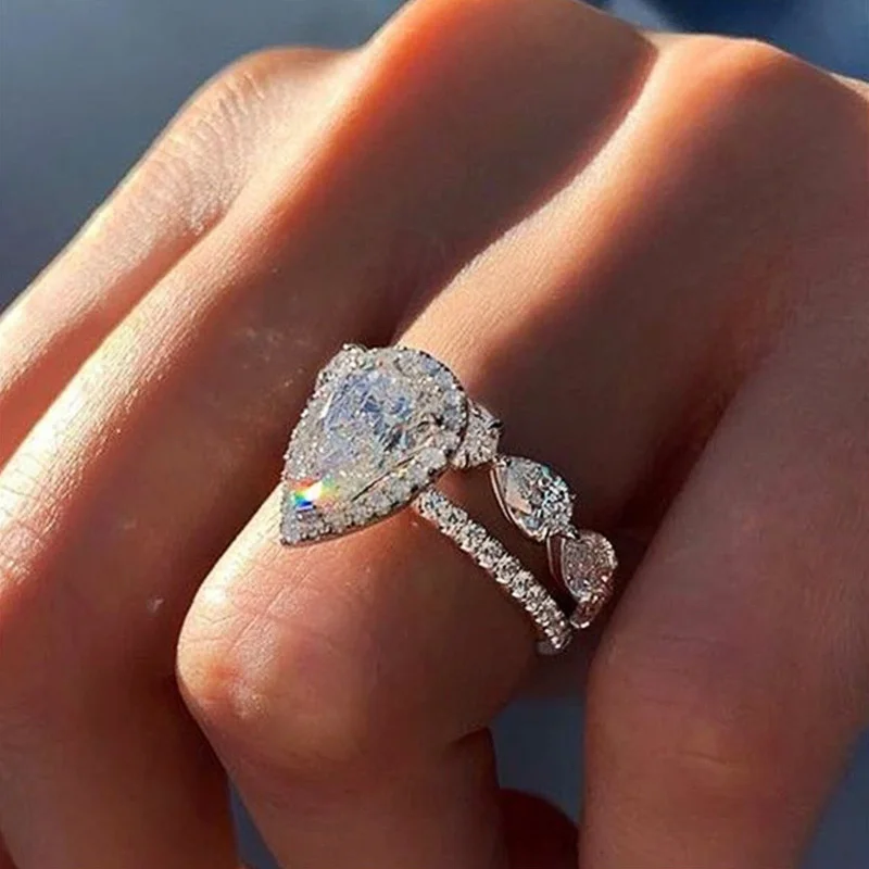 

JK Delicate AAA Pear Crystal Zircon Women Wedding Bridal Set Rings Proposal Ring for Girlfriend Fancy Gift Fashion Jewelry