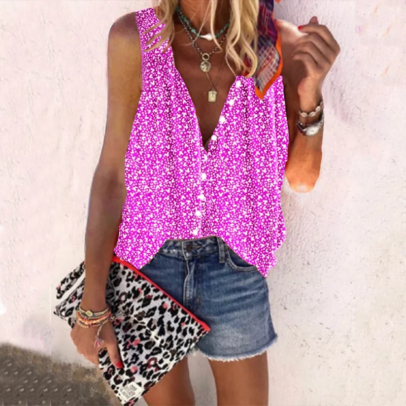 

2021 Fashion Women Sexy V Neck Shirt Blouse Casual Summer Sleeveless Print Loose Tops Button Elegant Office Ladies Shirts Blusas