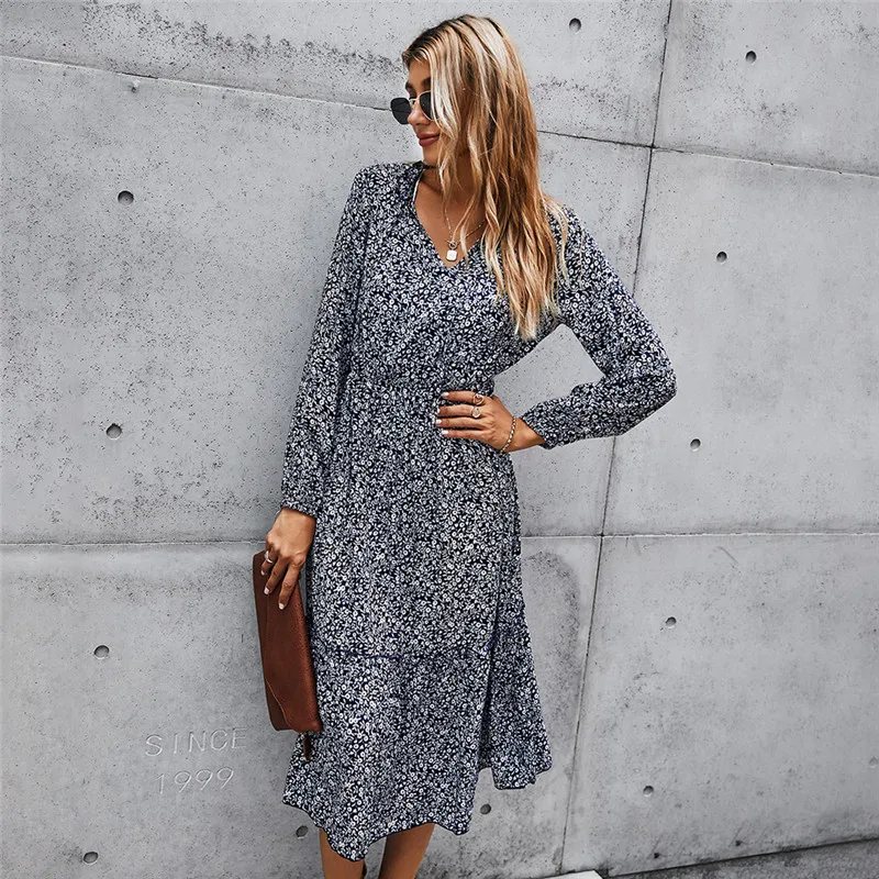 

Autumn Print Dress Women Casual High Waist Full Sleeve Slim Elegant Long Dress For Women Winter 2021 New Fashion
