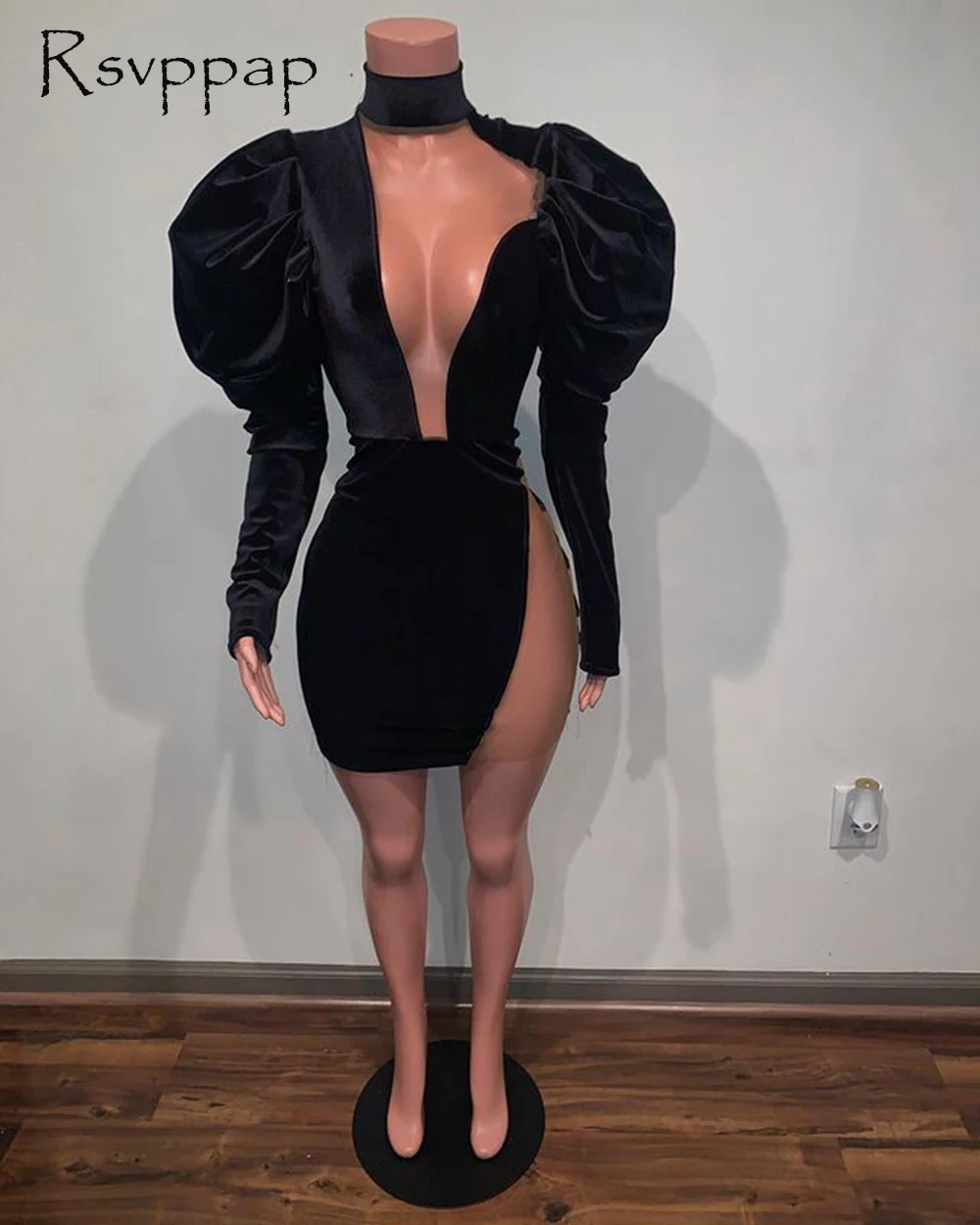 

Sexy Puffy Long Sleeve High Neck Cut Out Black Velvet African Girls Short Prom Dresses 2022