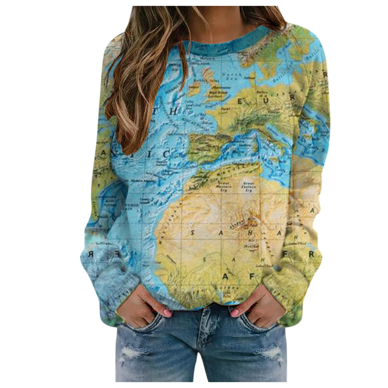Женские толстовки с принтом карты мира винтажный свитшот круглым вырезом и