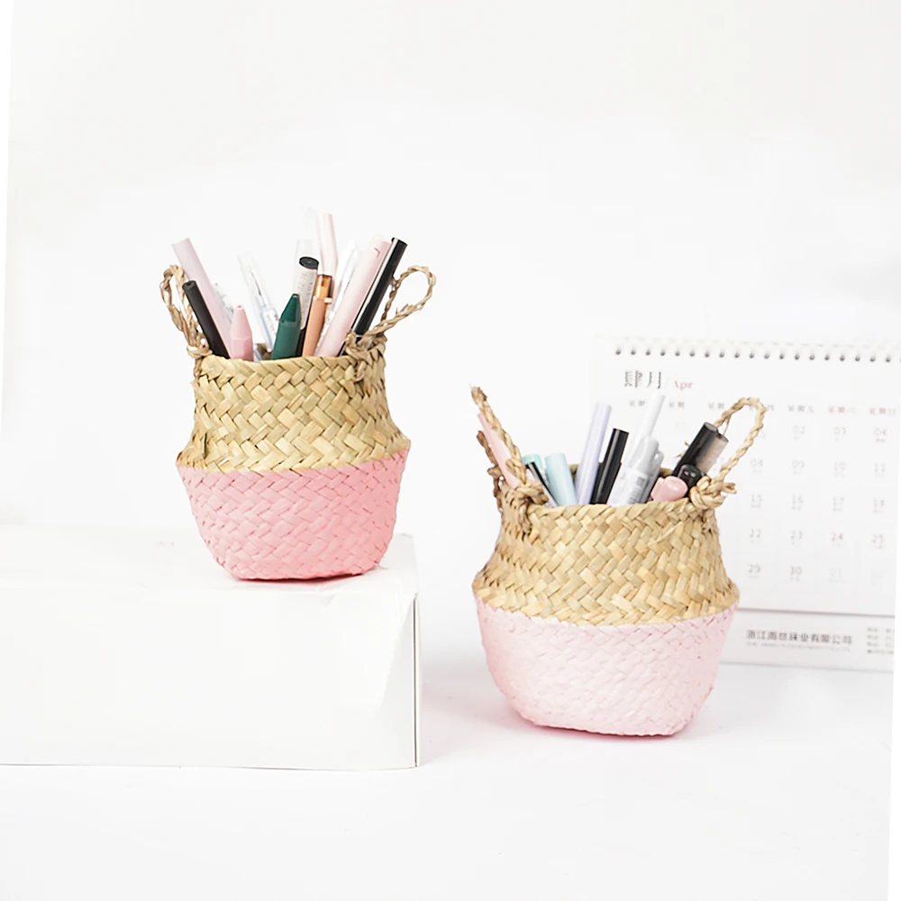 

Office Home Desktop Pen Makeup Brush Holder Stationery Seagrass Storage Bucket Pencil Container Case Desk Plant Flower Pot