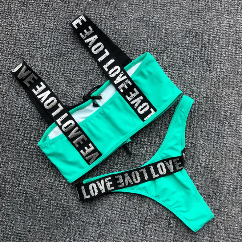 

Sexy Love Letter Brazilian Bikini 2019 Women Halter Push Up Bathing Suit Swimsuit Hollow Out Lace Up Bather Bandage Swimwear