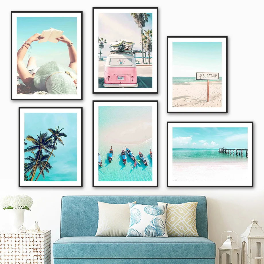 

Tropical Sea Beach Palm Boat Sky Girl Hat Wall Art Canvas Painting Nordic Posters And Prints Wall Pictures For Living Room Decor
