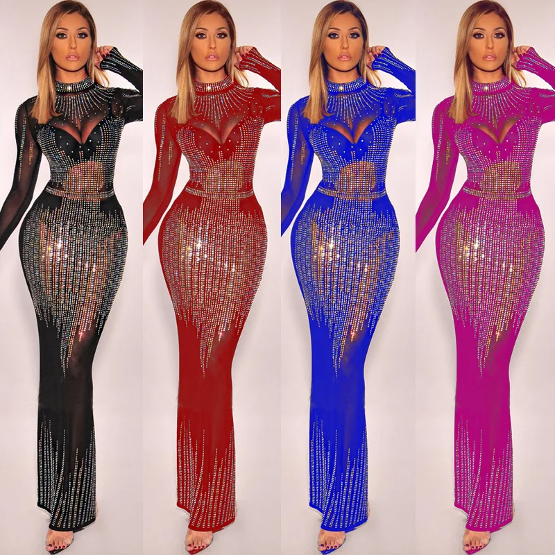 

2021 New Fashion Black Beading Diamonds Mesh Long Sleeve Women Dress Ladies Elegant Celebrity Evening Party Vestidos De Festa