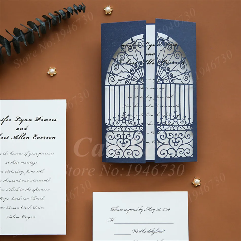 Blue Elegent Gate Design Hollow Heart Laser Cut Wedding Invitation Card Greeting Personalized Party Decoration Supplies | Дом и сад