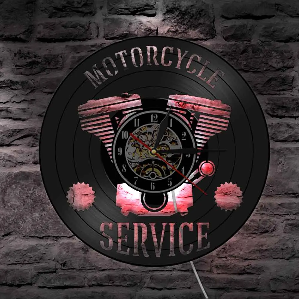 Мотоцикл сервис бизнес подвесной знак мастерская настенные часы ремонт мотоциклов Виниловая пластинка часы гараж декоративные настенные часы