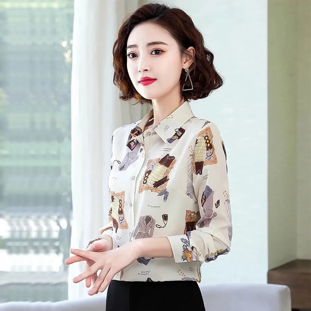 

New Satin Shirt Spring Models All-match Fashion Western Style Long-sleeved Shirt Casual Temperament Printed Shirt Women