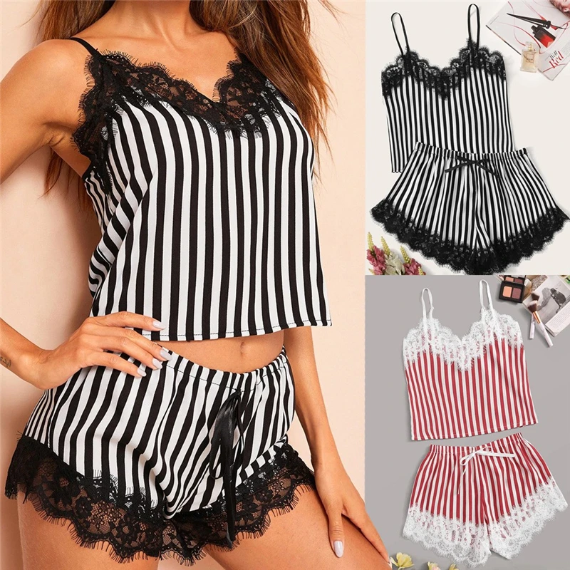 

New Ladies Pajamas Suit Fashion Striped Lace Sexy V-neck Suspenders Shorts Two-piece Suit Summer Thin Casual Ladies Pajamas