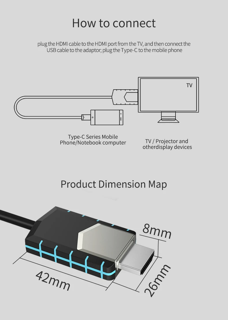 

Full-HD Mirscreen New Cable TC03 Type-C to 4K HDMI-compatible Cable Instant Projection Connect Cell Phone to TV/GPS Navigation