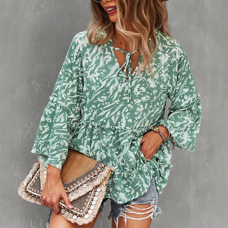 

Autumn Woman Print Lace-up V Neck Blouse Casual Loose Tops Long Sleeve Blouse Winter OL Office Outfits Holiday Blouse 2021