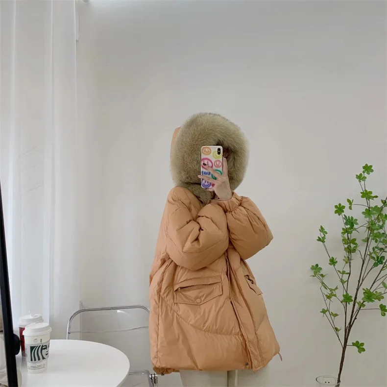 

2021 New Winter Jacket Women 90% White Duck Down Coat Really Natural Fox Fur Collar Hoodes Warm Outerwear Fashion Streetwear