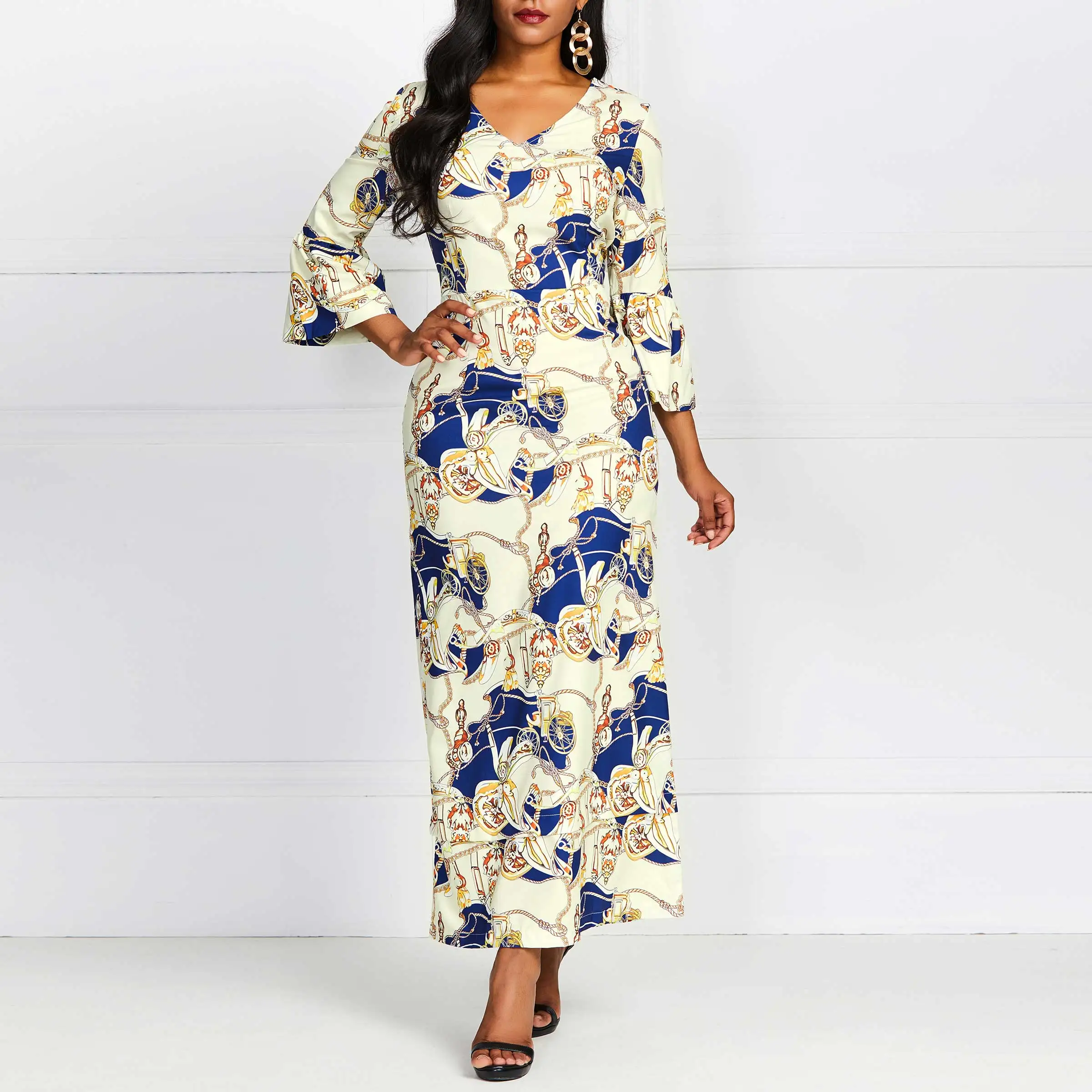 2019 модное платье макси с принтом женское v образным вырезом роскошное винтажное