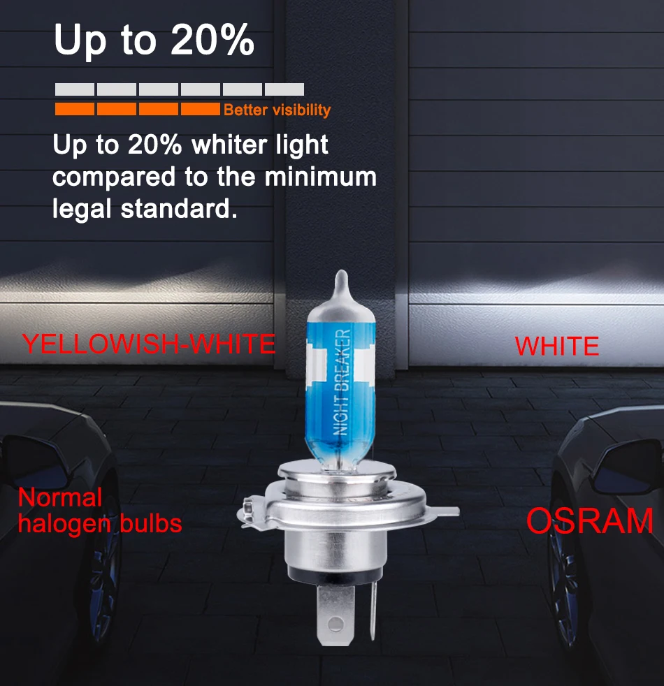 Лампа Ксеноновая OSRAM ампулы voiture h4 64193NL Hi/короче спереди и длиннее сзади) 12В для ближнего и дальнего света 55W 4050K Night breaker лазерной следующего поколения галогенная лампа для автомобиля H4 фар 9003/HB2
