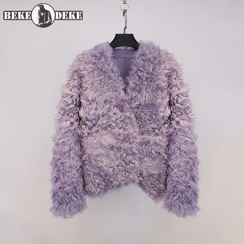 

New Brand Luxury Women Real Lamb Fur Jacket Fashion Slim V-Neck Casual Shearling Fur Coats Autumn Winter Warm Outerwear