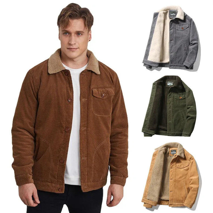 

Новинка 2021, зимняя Вельветовая мужская хлопковая куртка с отложным воротником, повседневная стеганая куртка, шерстяной воротник, Теплая му...