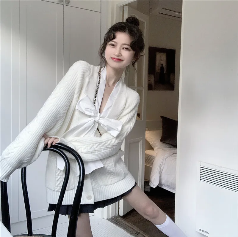 

Women Sweater Autumn Winter Fashion V Neck Knitted Cardigan 2 Pieces Bit Bowtie White Shirt&Single Breast Knit Sweater Long Tops