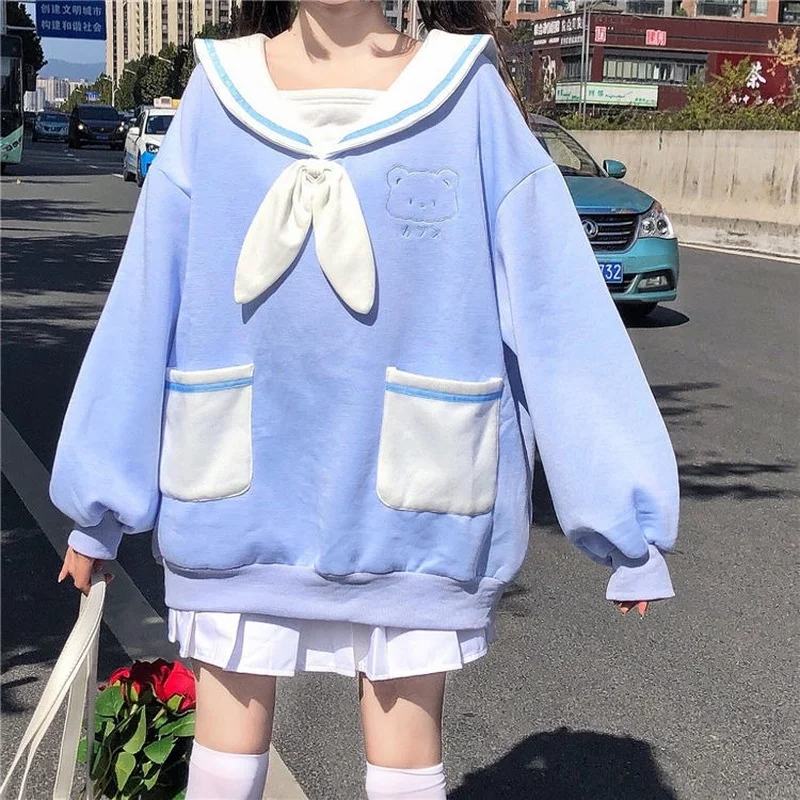 

2021 Patchwork Autumn Sweatshirt Women Bear Embroidery Girls Kawaii Clothes MINGLIUSILI Sailor Collar Long Sleeve Top