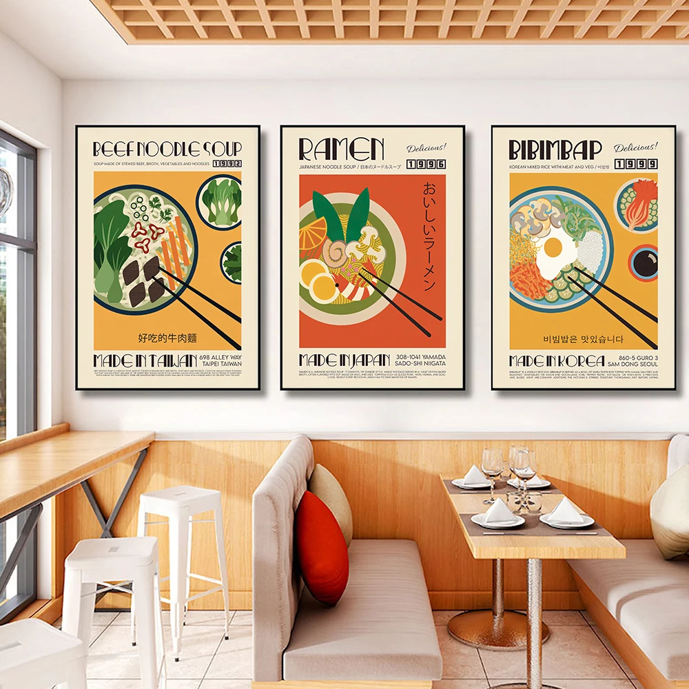 

Vintage Japanese Korean Food Posters Gyoza Katsu Ramen Kimchi Bibimbap Canvas Painting Wall Art Picture Kitchen Restaurant Decor
