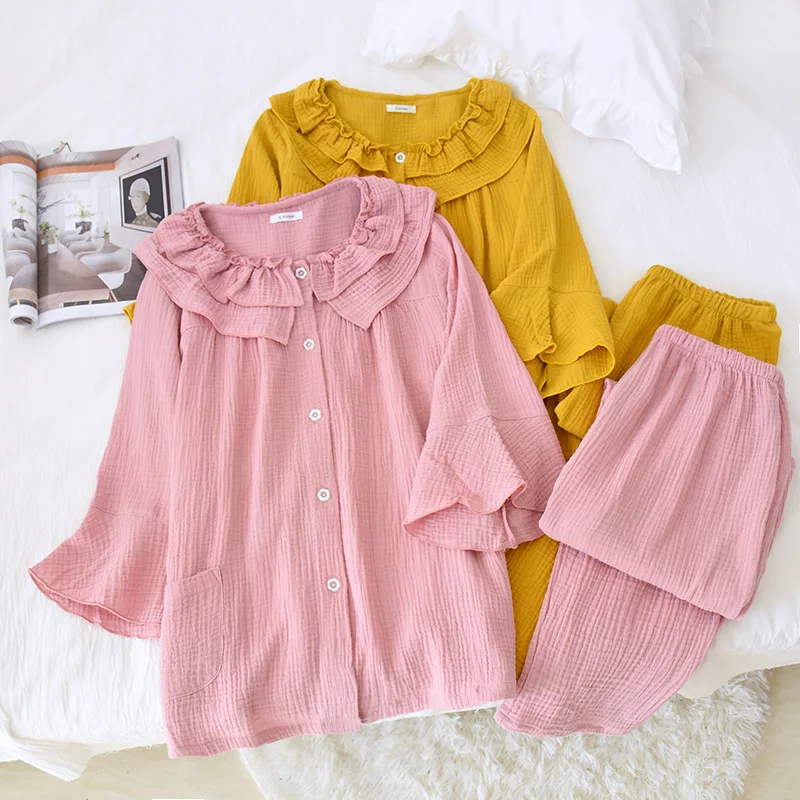 

100% Cotton Nightwear Pajamas For Women Sweet Ruffle Collar Sleepwear Set Spring Autumn Half Sleeve Trousers Suit Pijama Mujer