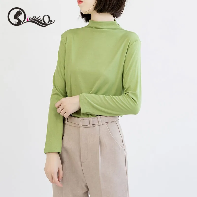 Женская Базовая футболка топы с длинным рукавом осень 2019 водолазка TeeT Shirt хлопок