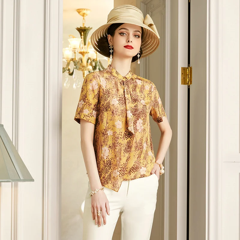 

SHZQ Silk Shirt Women's New 2021 Summer Yellow Printed Thin Mulberry Silk Shirt Versatile Top