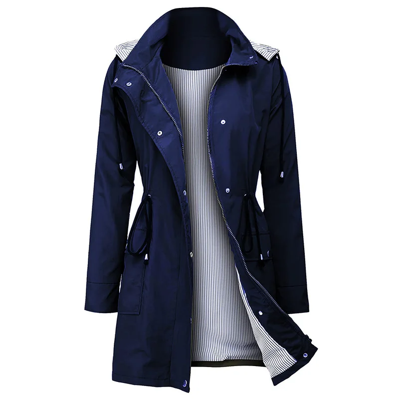 

Trench coat waterproof long sleeve cardigan button casual zipper lined navy blue jacket