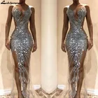 Великолепные серебряные Длинные платья русалки для выпускного вечера 2021 сексуальные прозрачные длинные женские вечерние платья с разрезом