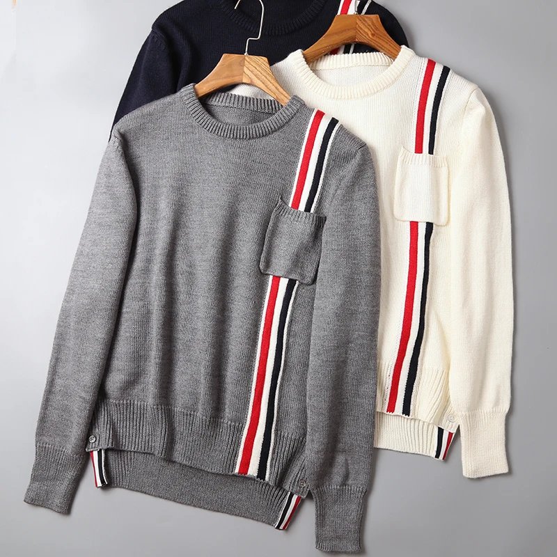 2021 Fashion Brand Sweaters Men Loose O-Neck Pullovers Clothing Striped Spliced Wool Thick Autumn Winter Casual Coat