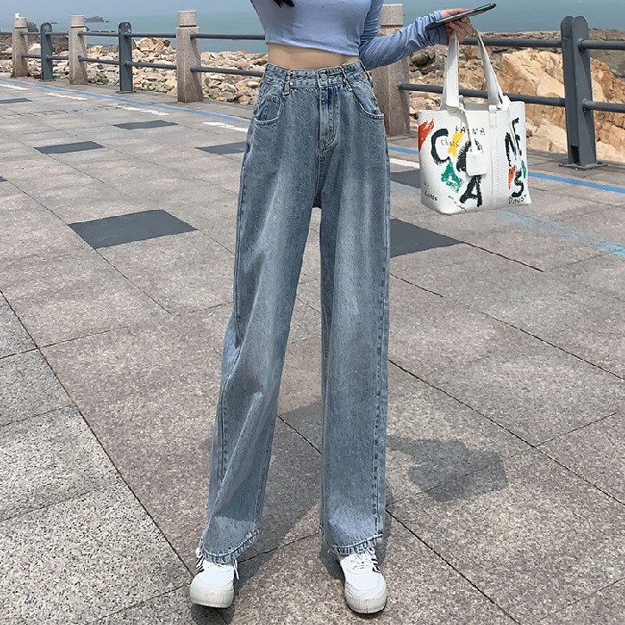 

2021 Spring High-Waisted Wide-Leg Jeans Women Korean Version Large Size Pink Washed Boyfriend Jeans Straight Women'S Jeans