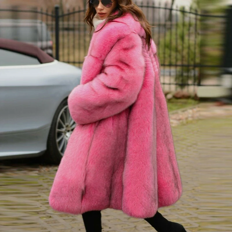 BFFUR Long Rose Red Real Fox Fur Coats 2022 Winter Fashion Women Full Pelt Genuine Fox Fur Coat With Big Lapel Collar Thick Warm
