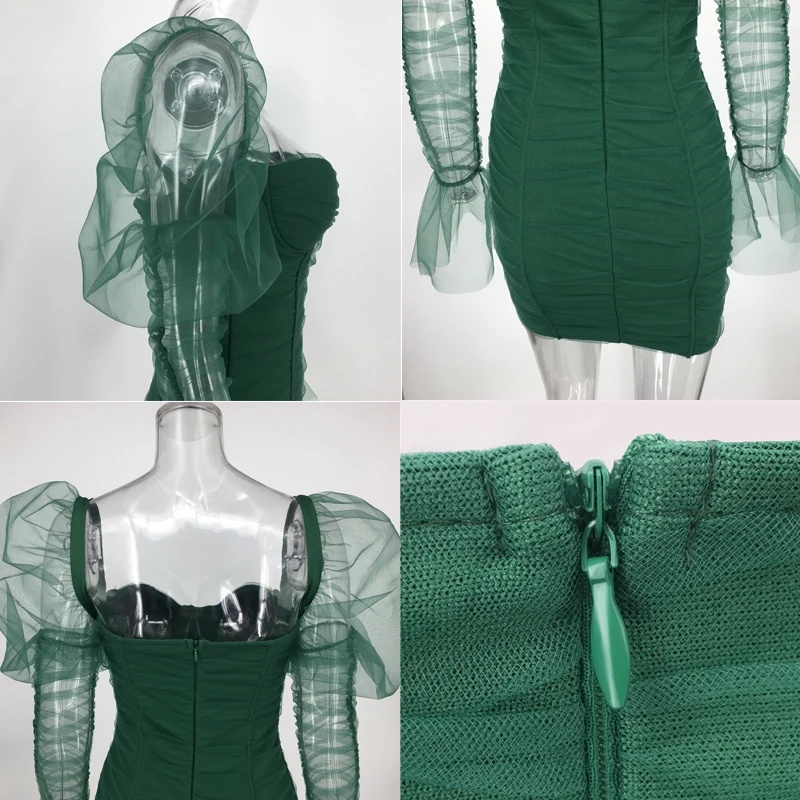 

CLAUBTY Women Mini Mesh Patchwork Puff Sleeves See Through Dress Evening Vestidos Bodycon Pleated Elegant Clubwear