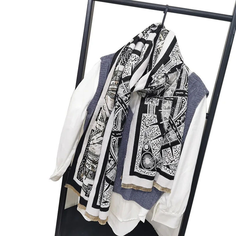 

2021 New Winter Warm Long Scarf Imitate Cashmere Shawl Women Vintage Print Kerchief Stole Big Blanket Scarves 190*65cm