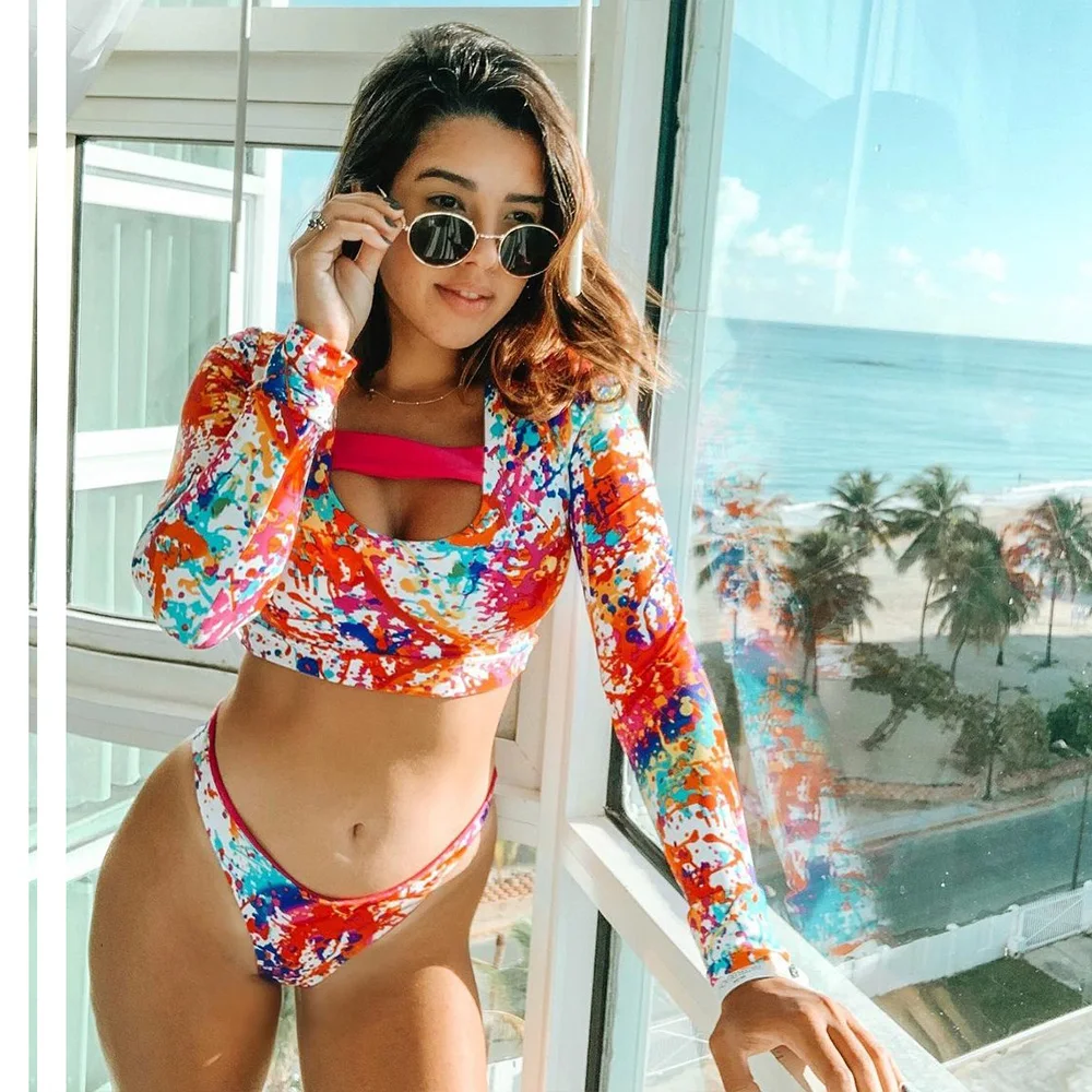 2021 сексуальные бикини с длинным рукавом женский купальник принтом зеленых