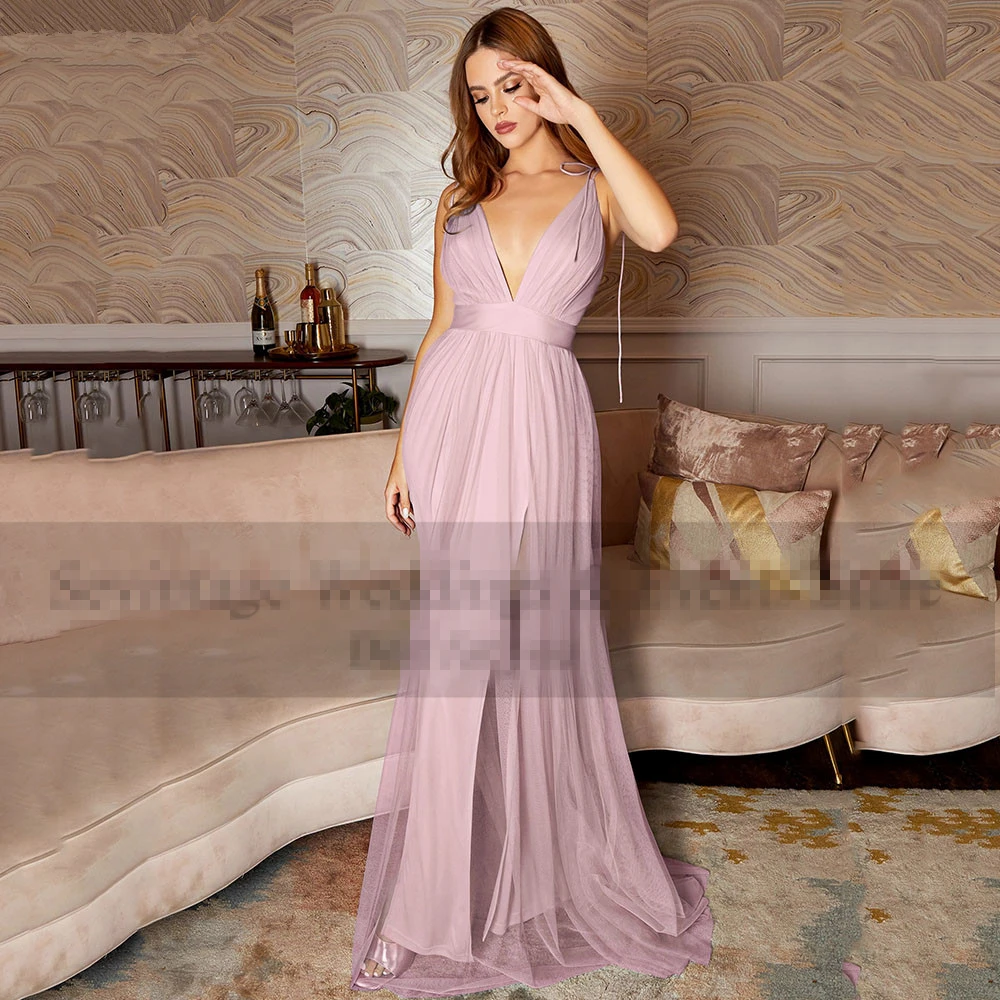 

Bespoke Occasion Dresses Fashion Floor-Length Deep V-Neck Sleeveless Simple A-Line Backless New Women Formal Evening Gown H869