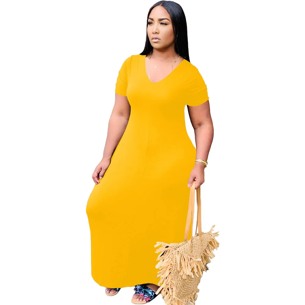 

Summer women's tight casual dress solid color V neck loose pocket
