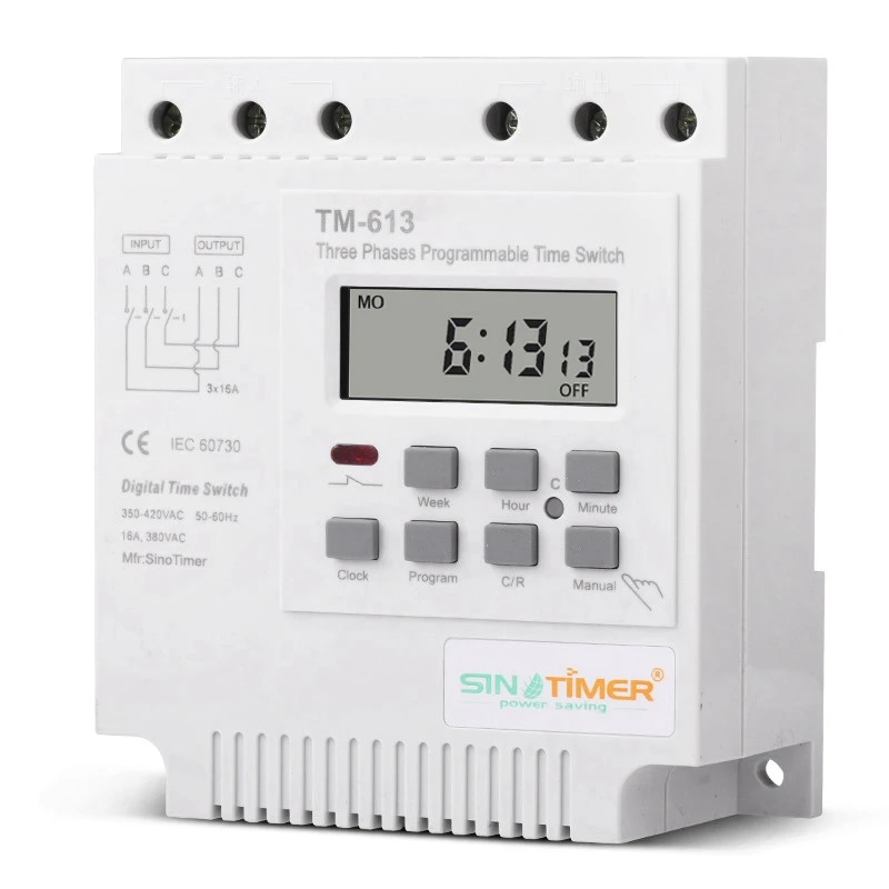 

SINOTIMER TM613 380V 16A Three Phases Digital Programmable Relay Timer Switch Exhaust Water Pump Motor Time Switch