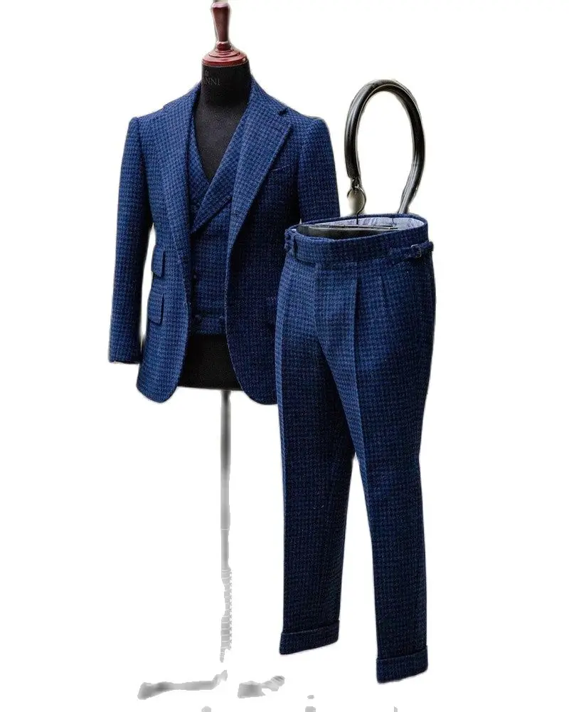 

Latest Tailor-Made 3 Pieces Blue Tweed Notched Lapel Single Breasted Clothing High Quality Formal Wedding Groom Causal Prom Wear