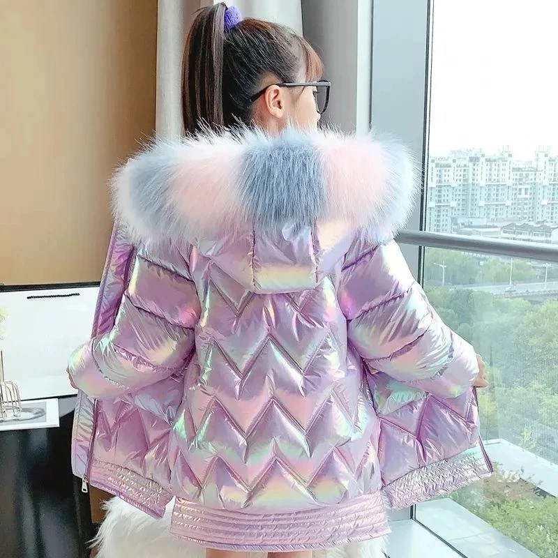 

2021 Girl Waterproof and Snowproof Down Cotton Jacket Thick Hooded Faux Fur Collar Coat Children's Outerwear Playing In The Snow