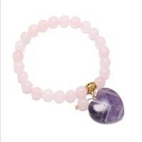 fyjs unique light yellow gold color love heart amethysts stone stretchy bracelet rose pink quartz round beads jewelry